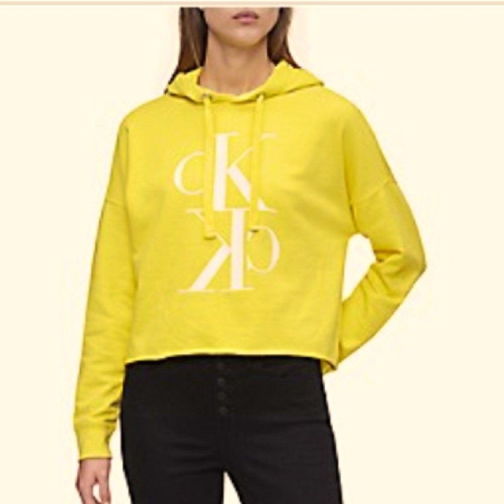 Calvin Klein Mirror Monogram Logo Cropped Hoodie Yellow XS